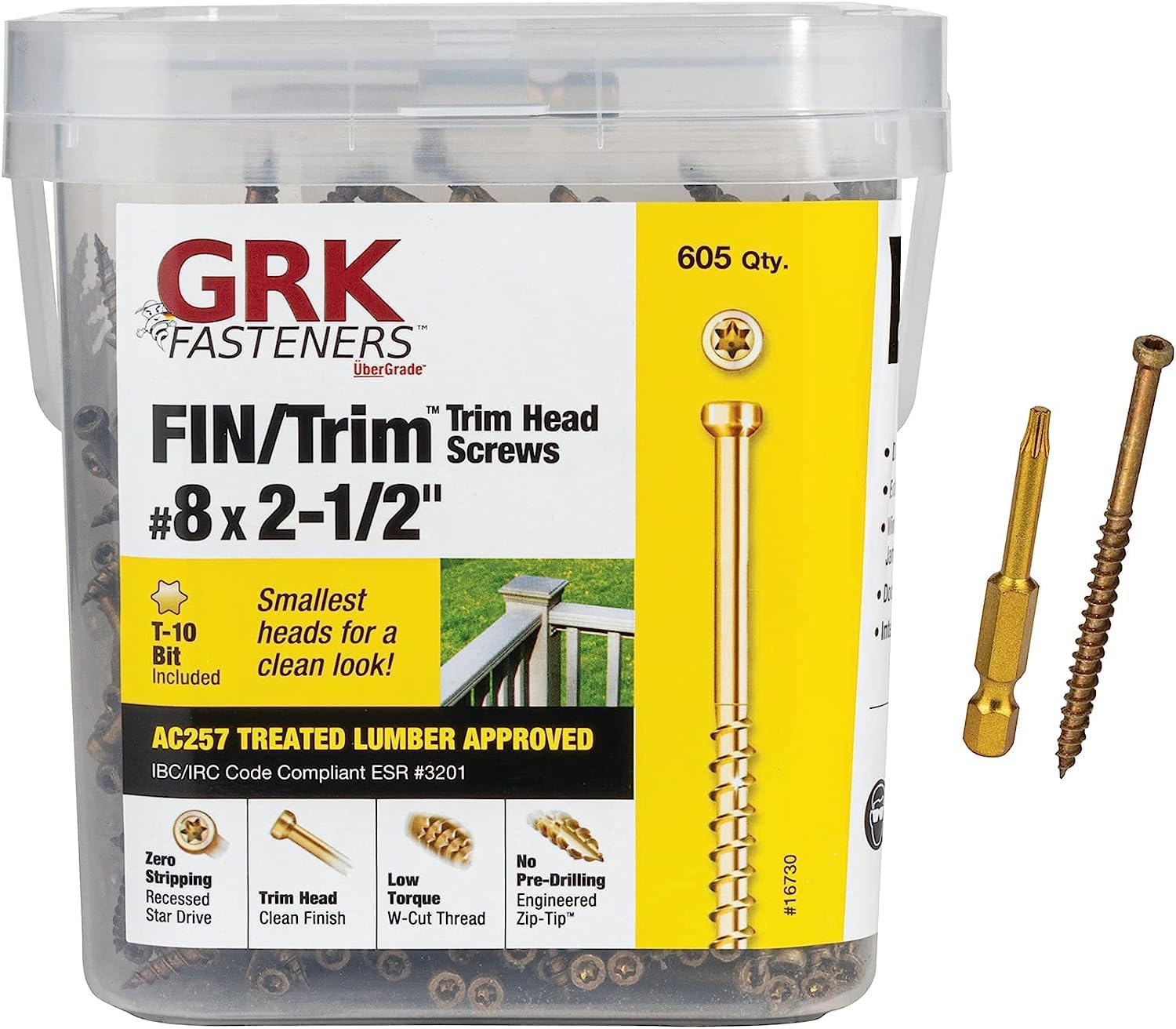 GRK 772691167309 8 x 2-1/2" Fasteners 16730 FIN/Trim Screws 605CT, Gold, 605 Count