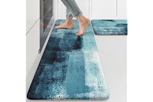 KIMODE KIMDOE Boho Kitchen Rugs and Mats 2PCS Cushioned Anti Fatigue Kitchen Mat Non-Skid Waterproof Kitchen Runner Rug Ergonomic Comfort Foam Standing Mat for Home Decor,Floors,Office,Laundry,Abstract Blue