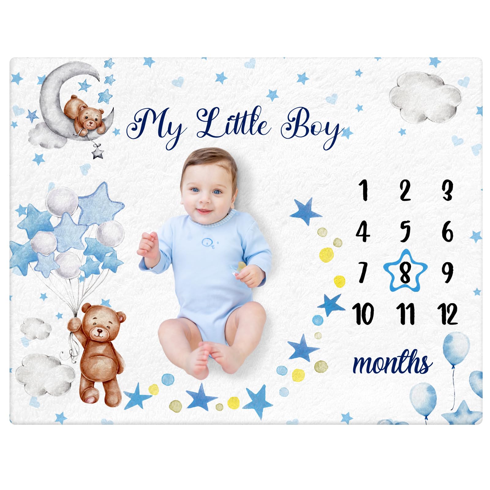 Photo 1 of Mindsoft Sleeping Bear Monthly Baby Milestone Blanket Bear Star Balloon Flannel Blanket Boy Newborn Infant Swaddle Growth Baby Frame for Boys Girls Nursery (Blue)