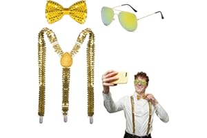 Sequin Suspenders Set for Men – Adjustable Y-Style, Includes Bowtie and Gold Frame Glasses – Perfect for Parties, Weddings, S