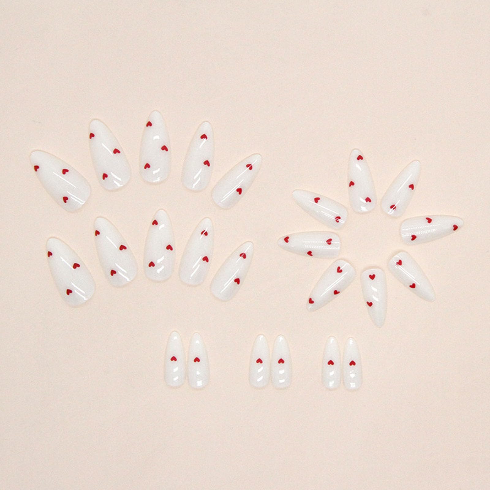 Almond Press on Nails Heart Fake Nails Medium Length Acrylic Nails Glossy Yogurt White False Nails with Wine Red Heart Designs Daily Glue on Nails for Women Girls - Image 3