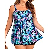 Holipick Blue Plus Size 2 Piece Swimsuit - Women Tankini Bathing Suits Flowy Swim Top with Boy Shorts