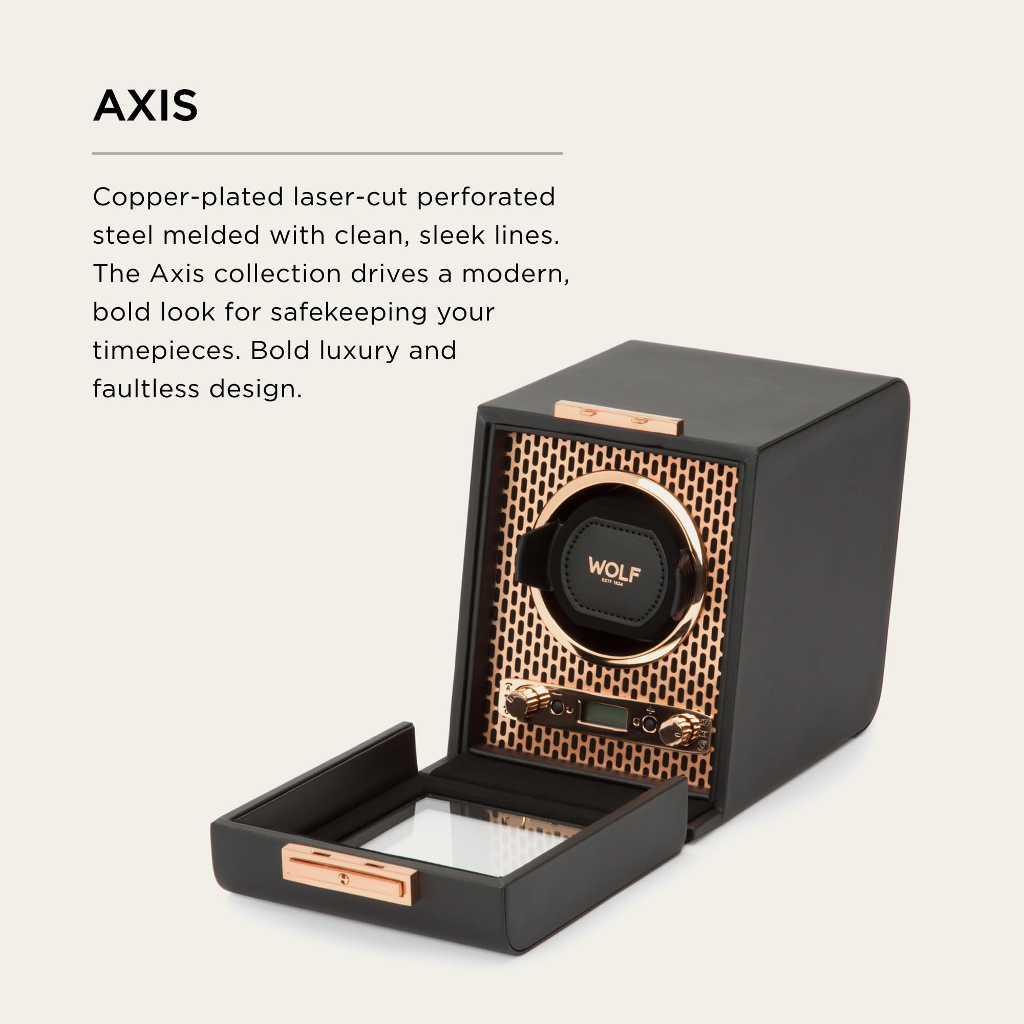 Wolf Designs Wolf Axis Watch Winder with Glass Cover - Secure Fit with Patented Lock-in Dynamic Cuff - Accommodates All Wrist Sizes - Vegan Leather - Includes Universal Adapter