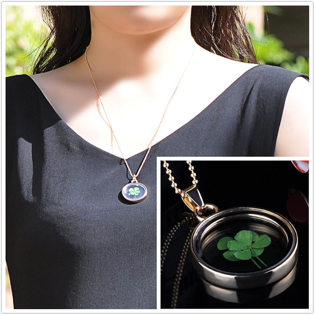 Yumilok 3pcs Real Dry Forget me not/Four Leaf Clover Specimen Transparent Glass Alloy Round Bottle Pendant Necklace for Women/Girls - Image 4