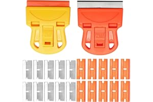 2 Pack Glass Cleaning Squeegees with with Extra 10 Plastic Razor Blades and 10 Metal Blades, Cleaning Scraper Tool, Cooktop, 