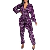 KnoInt Women Sparkly Dressy Jumpsuit Deep V Neck Long Sleeve Clubwear Plus Size Wide Leg Long Pants Rompers
