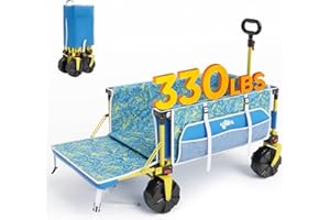 OLD BAHAMA BAY Beach Wagon with Big Wheels for Sand, 330 LBS Heavy Duty Collapsible Beach Cart with Tailgate, Foldable Utility Wagon with Cup Holders & Side Storage for Camping, Shopping, Garden, Blue