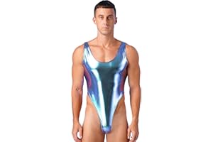 Hularka Men's Shiny Sparkly One Piece Swimsuit Holographic High Cut Tank Bodysuit Bathing Suits