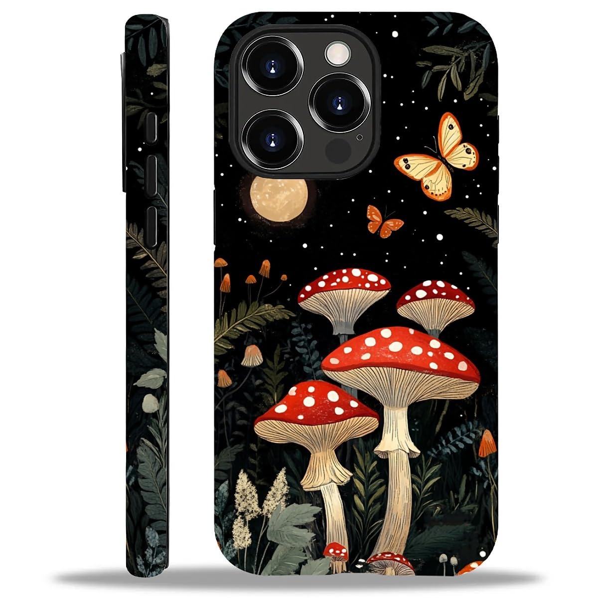 WANKBLC for iPhone 14 Pro Max Matte Case for Girl Boy Full Body Design Soft Silicone Drop Shock Scratch Protection Crazy Pattern Mushroom Butterfly Forest Moon Night