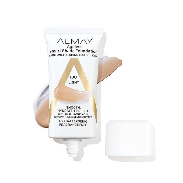 ALMAY ANTI-AGING FOUNDATION, SMART SHADE FACE MAKEUP WITH HYALURONIC ACID, NIACINAMIDE, VITAMIN C & E, HYPOALLERGENIC-FRAGRANCE FREE, 100 LIGHT, 1 FL OZ (PACK OF 1)