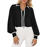 PRETTYGARDEN Womens Long Sleeve Button Down Shirts 2026 Trendy V Neck Loose Fit Fall Tops Collared Dressy Casual Blouses