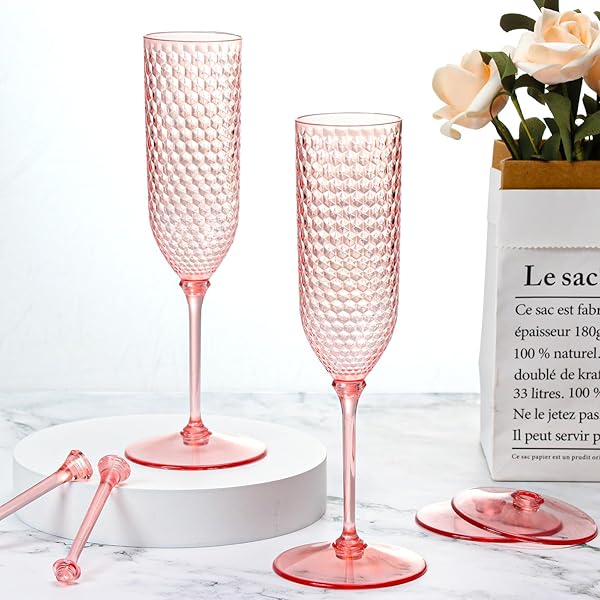 24 PACK PINK DETACHABLE 2 PIECE CHAMPAGNE FLUTES 5.5 OZ UNBREAKABLE PLASTIC MIMOSA DISPOSABLE CHAMPAGNE GLASSES DRINKING CUPS STEMMED REUSABLE WINE TOASTING GLASSES FOR WEDDING (24, CLEAR PINK)