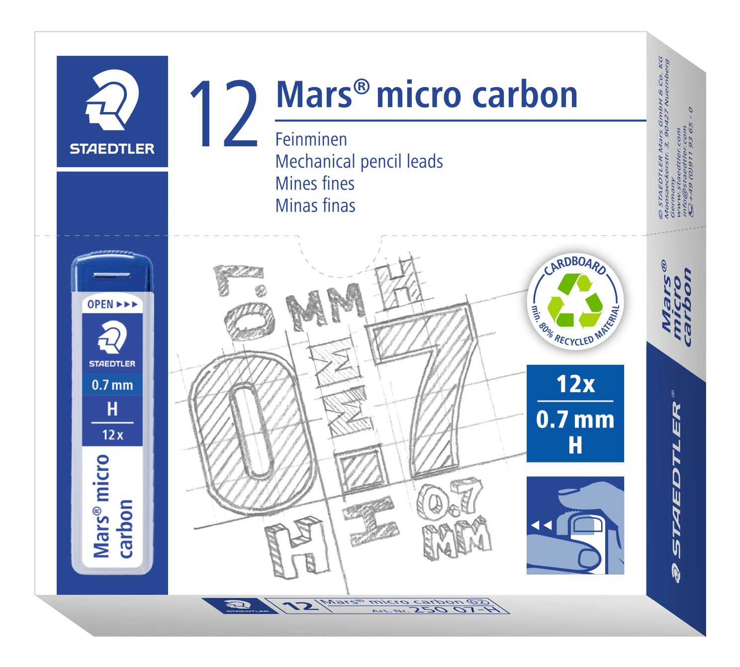 STAEDTLER 250 07-H Mars Micro Refill Leads for Mechanical Pencils - H, 0.7mm (Box of 12 x Tubes of 12 Leads)