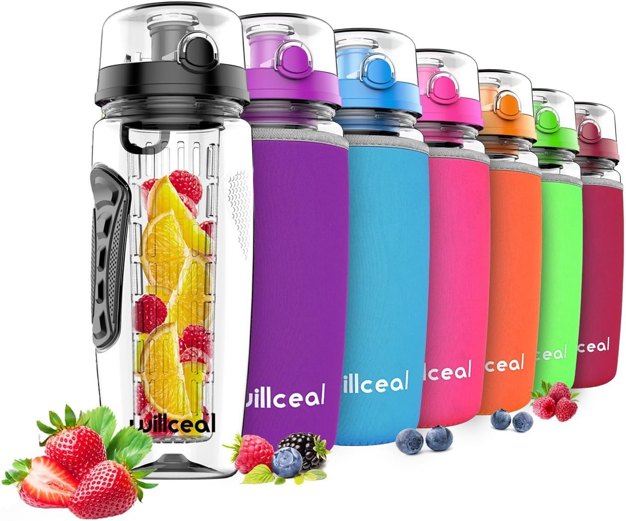 willceal Fruit Infuser Water Bottle 32oz Durable, Large - BPA Free Tritan, Flip Lid, Leak Proof Design - Sports, Camping