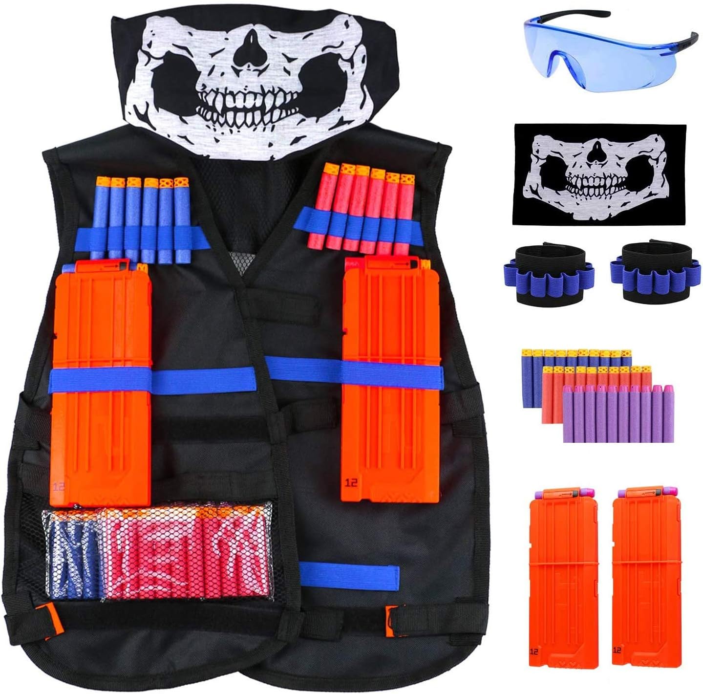 RATEL Tactical Vest Kit, 37 Pack Kids Elite Tactical Vest Jacket Kit with 1 Tactical Vest, 30Pcs Darts Bullets, 2Pcs Reload Clips, 2Pcs Wrist, 1 Face Mask & 1 Glasses