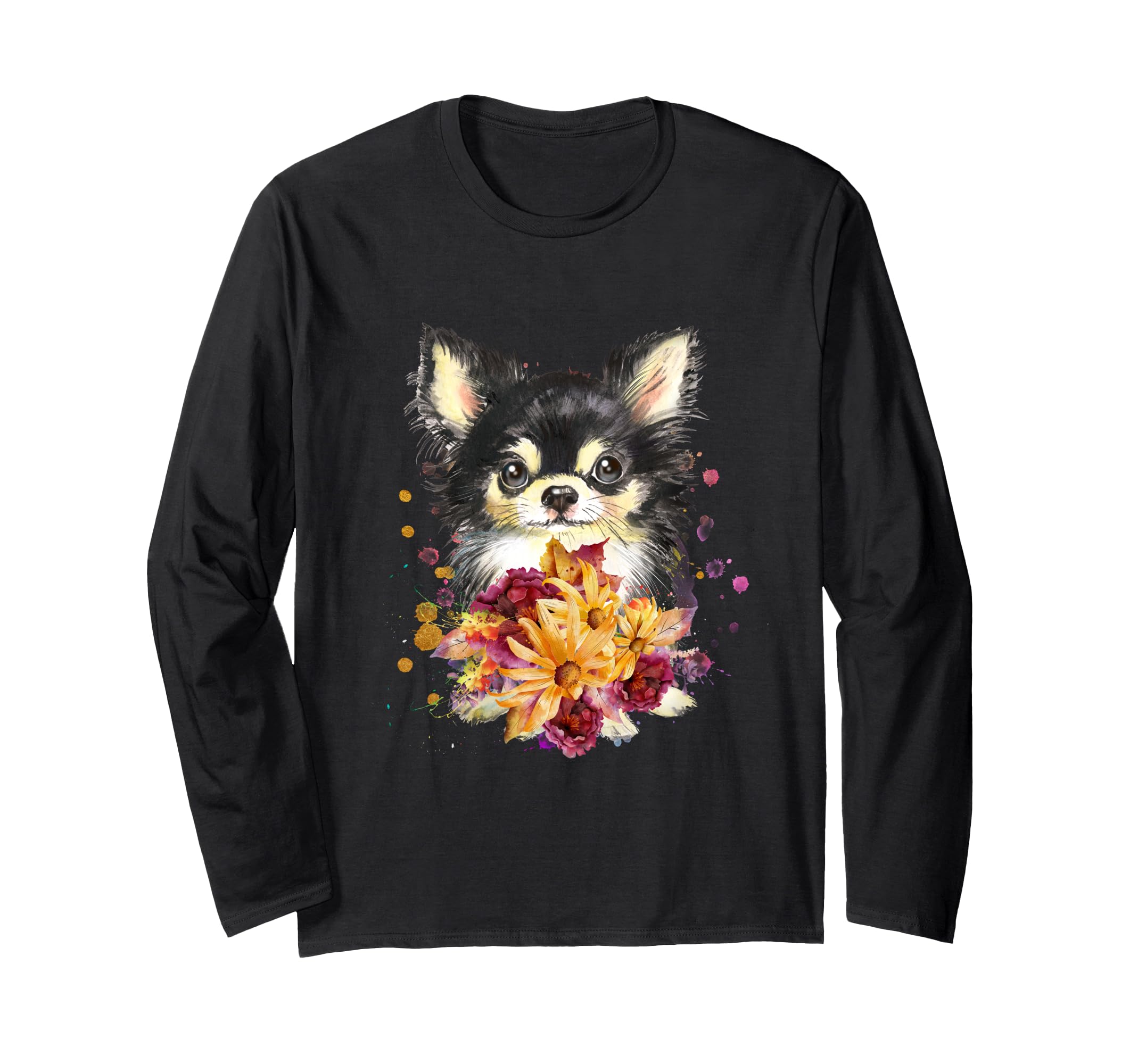 Cute Chihuahua Puppy, Flowers, and Splatter Dog Long Sleeve T-Shirt