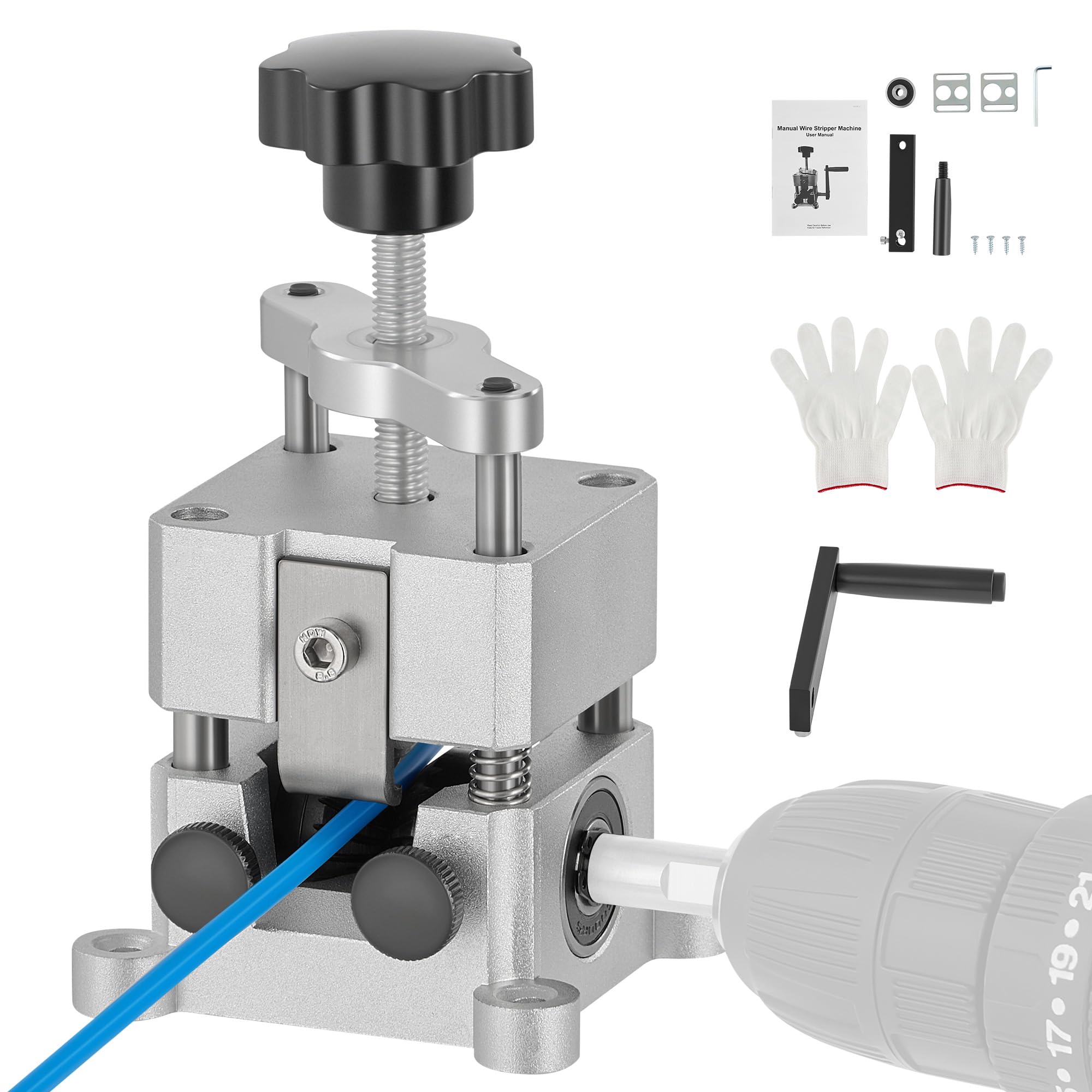 Photo 1 of CREWORKS Wire Stripper Machine, 0.06"-1" Manual Wire Stripping Machine, Drill Compatible Copper Wire Stripping Tool for Scrap Wire with 2 Feed Hole Plates, Wire Stripper Power Tool for Cable Recycling