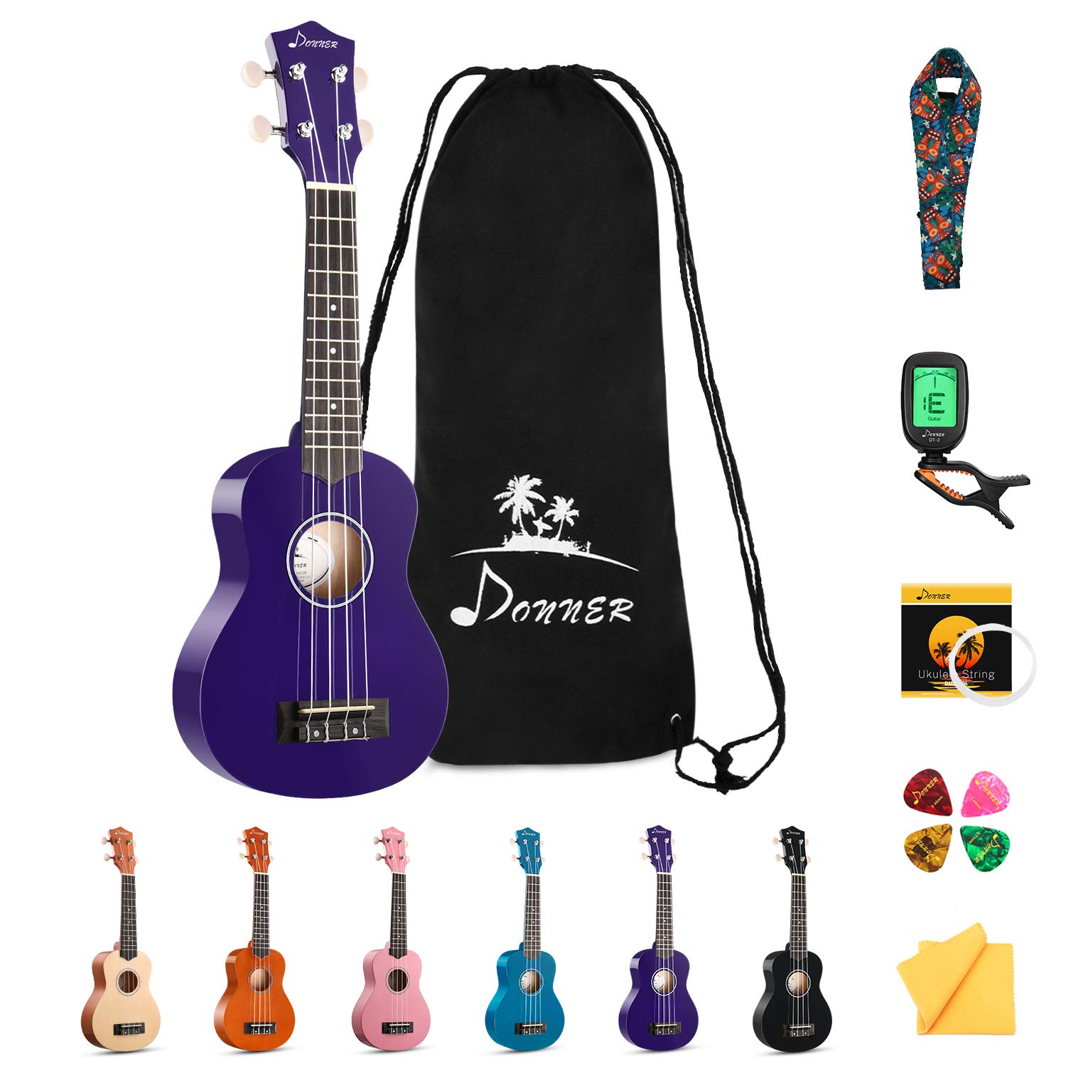 Donner Ukulele Beginner Soprano Ukulele Kit 21 inch Starter Set Adult Ukelele Hawaii Guitar with Uke Oneline Lesson String Tuner Picks DUS-10 Purple