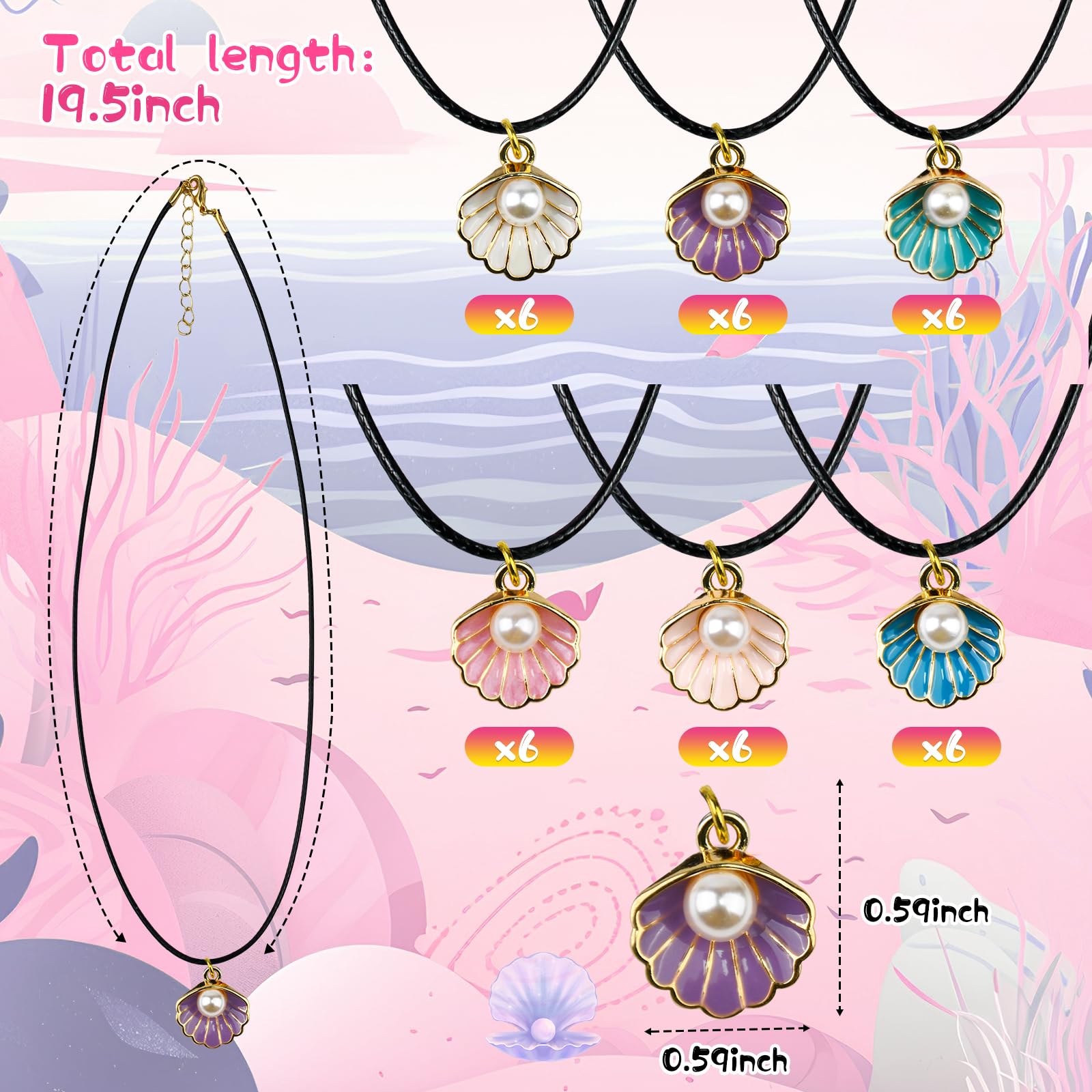 HSLCGF 36 Pack Mermaid Shell Necklace Summer Pink Shell Mermaid Party Gift Decor for Princess Under The Sea Birthday Themed Party Little Girls Gift Bag School Rewards