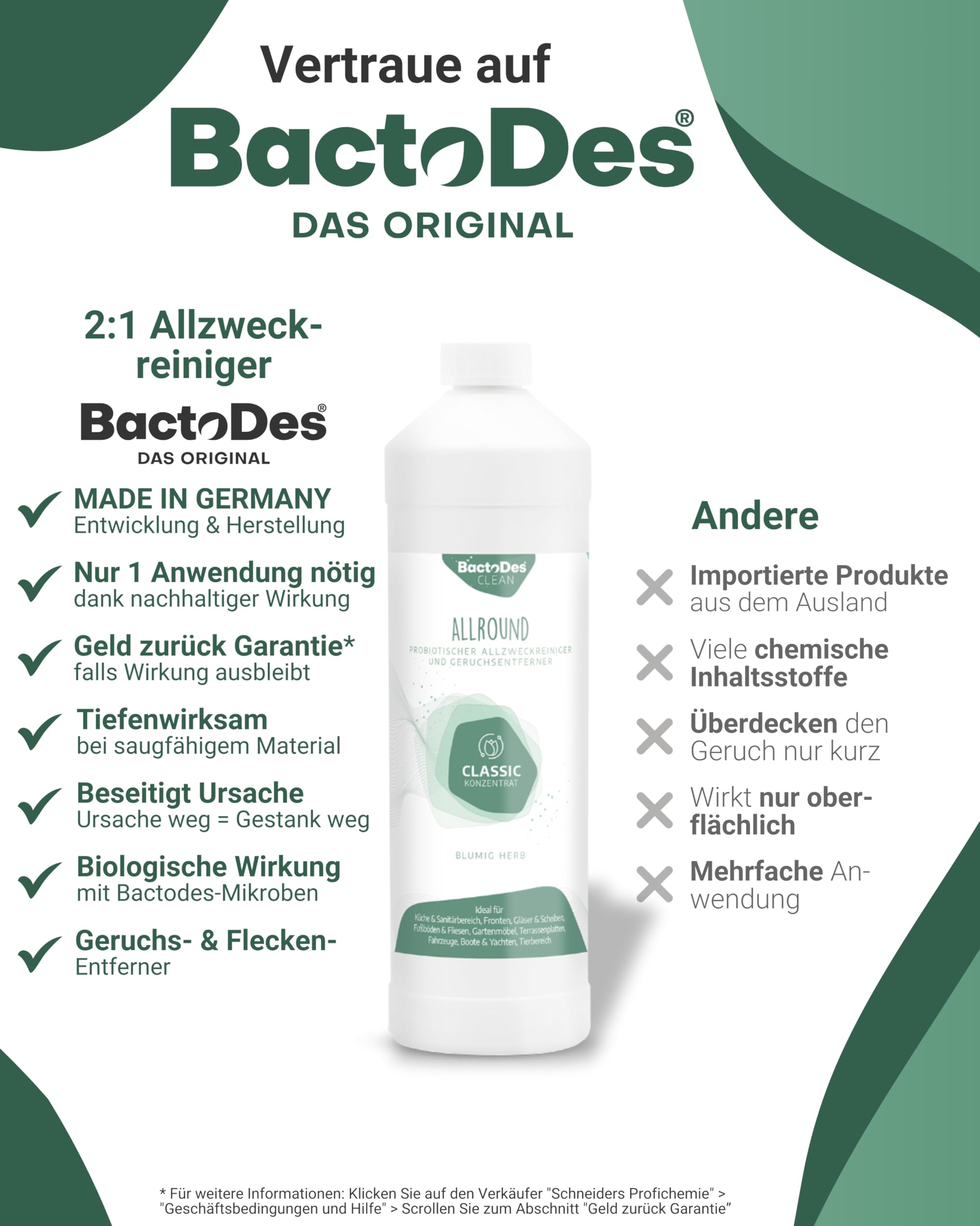 BactoDes - Clean Allround CLASSIC probiotischer Allzweckreiniger 1L Konzentrat mit Sprayflasche - Spezial Enzymreiniger mit bio Mikroben-Wirkung - Effektiver Geruchsneutralisierer & Geruchsentferner 5