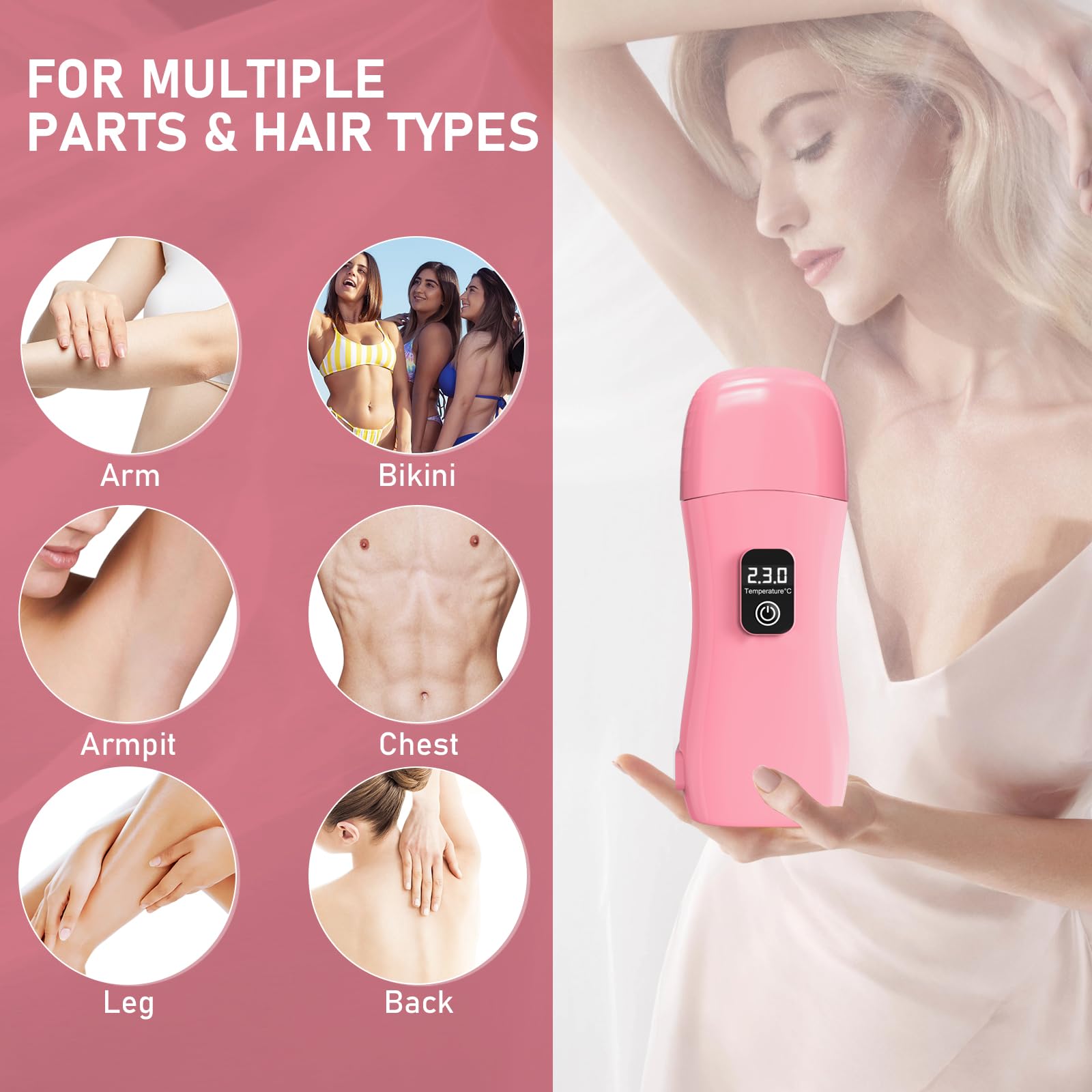 Roll on Wax Kit for Hair Removal, Wax Roller Waxing Kit for Women, Smart Roll on Wax Warmer, Upgrade Wax Machine About 15-minute Fast Heating, Digital Temperature Display, Suitable for Beginners Waxin