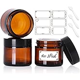 3 Pack 4 oz Amber Glass Jars with lids, Cosmetic Jars with Inner Liners and Black Lids, Lotion Jars, Candle Making Jars for Lotions, Scrubs and Cosmetic, Lables and Spatulas Include