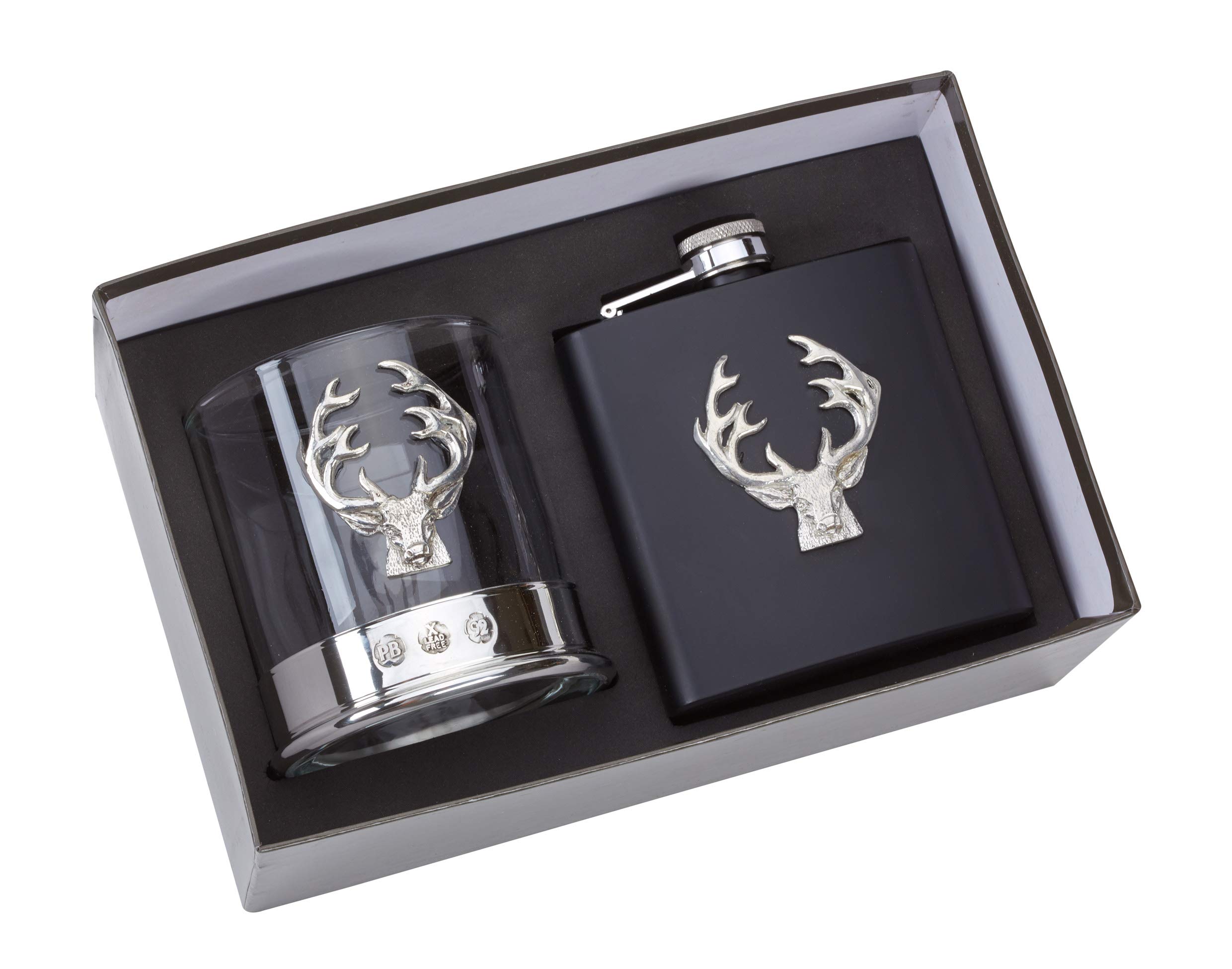 Pewterware Stags Head Whisky Glass and Hip Flask with pewterware stag's Head Motif Set in a Presentation Box (8990)