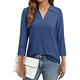 YUCOLEN 3/4 Sleeve Tunic Tops for Women V Neck Collared Shirts Chiffon Work Blouses Dressy Casual S-XXL