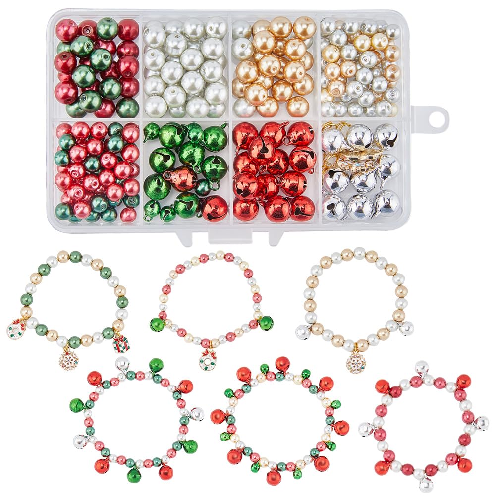 SUNNYCLUE 1 Box DIY 6 Sets Christmas Charms Beading Bracelets Making Kit Small Jingle Bells Red Green Beads Holiday Cheerful Sound Craft Bell Wreath Winter Snowflake Charms for Jewellery Making Kits