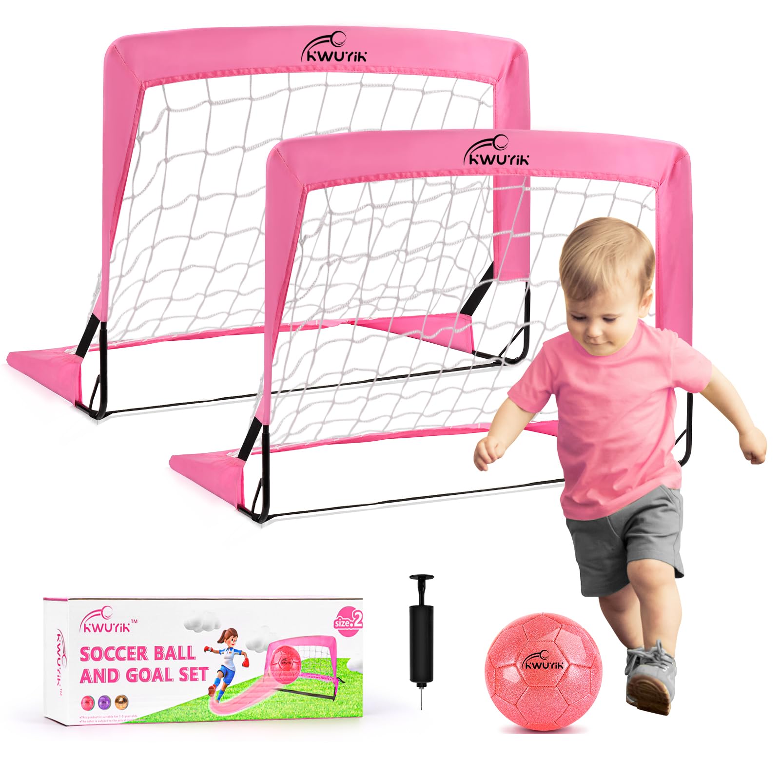 Photo 1 of 2 Pcs Pink Mini Soccer Goals Set 2x1.5x1.5ft Indoor Soccer Nets for Kids with Size 2 Toddler Soccer Ball Foldable Net Toy with Pump for Children Boys Girls Backyard (Pink)