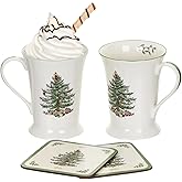 Spode Pimpernel 10 oz Mug & Coaster Set – 2 Porcelain Coffee Cups with Handles & 2 Square 5mm Cork-Backed Drink Mats, Durable Heat & Stain Resistant Table Accessories for Dining, Kitchen & Home