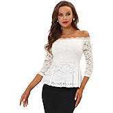 Allegra K Elegant Lace Blouse for Women's Semi Sheer 3/4 Sleeve Off Shoulder Peplum Top