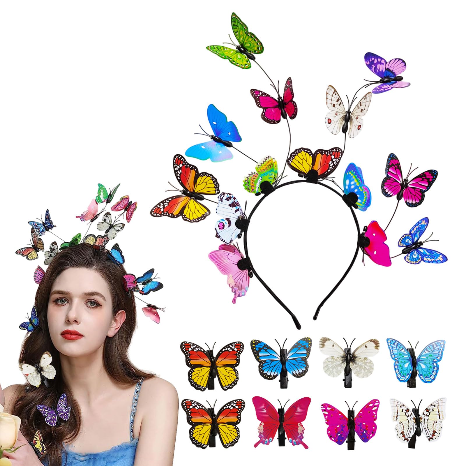 EUPSIIU Butterfly Headband and 8 Pack Butterfly Hair Clips, Colorful Festival Accessories for Women Girls Kids, Wedding Party Favors Supplies