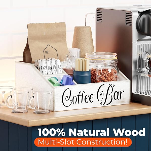 ESPRESS IMPRESS WOODEN WHITE LARGE COFFEE STATION ORGANIZER FOR COUNTERTOP | FARMHOUSE STYLE STORAGE KIT FOR A PERFECTLY ORGANIZED COFFEE BAR | ACCESSORIES ORGANIZER FOR CUPS, COFFEE PODS, SUGAR, ETC