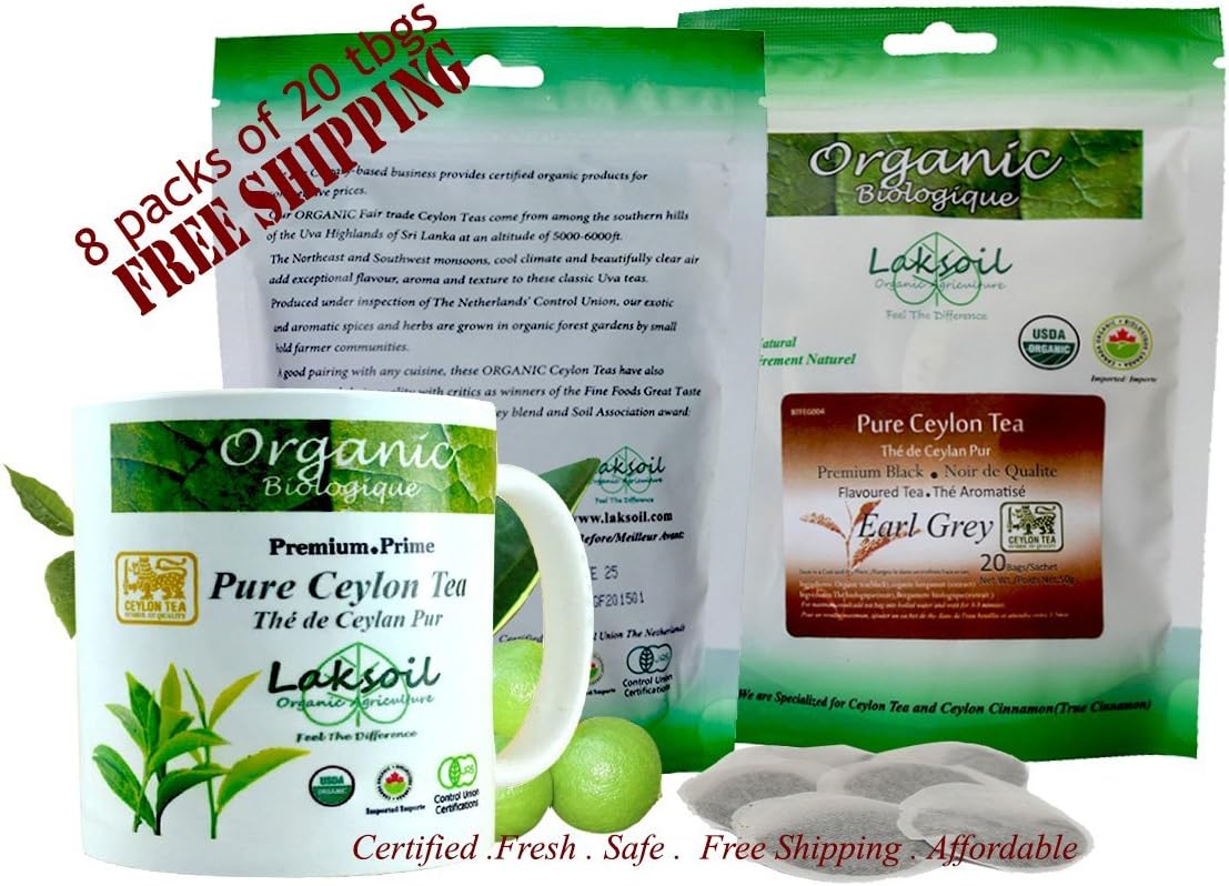 Certified Organic Premium 8packs of 20 tbags Pure Ceylon Award-wining EARL GREY Black Tea 160 Tea Bags