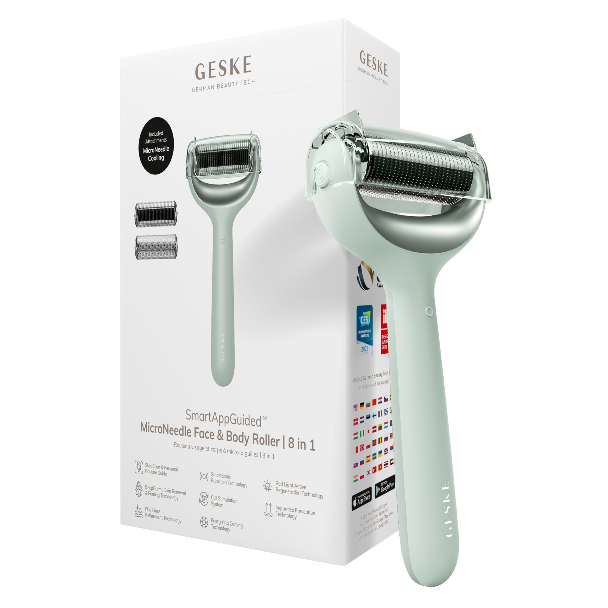 GESKE SmartAppGuided™ MicroNeedle Face & Body Roller | 8 in 1 | Derma Roller | Electric roller | Microneedling device | Needle roller | Beauty roller for face and body