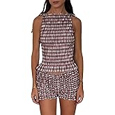 Women 2pcs Smocked Ruffle Shorts Pajamas Set Sleeveless Round Neck Plaid Print Crop Top Elastic Waist Shorts Lounge Set