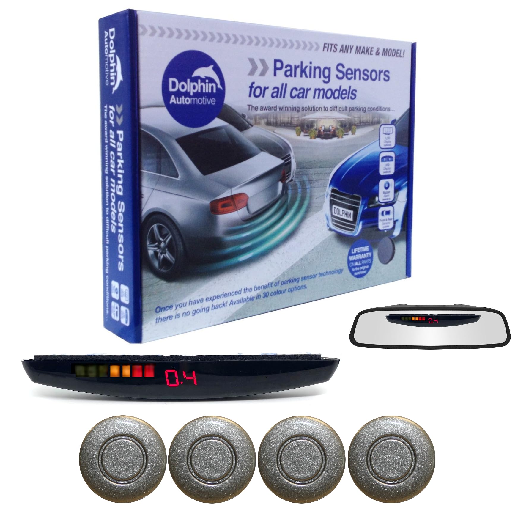 Dolphin DPS455 Reverse Parking Sensors In 32 Colours 4 Ultrasonic Radar Sensors Kit Audio & Rear Roof Mounted Display Alert System Matt & Gloss Black +30 More Colours (Muddy Grey)