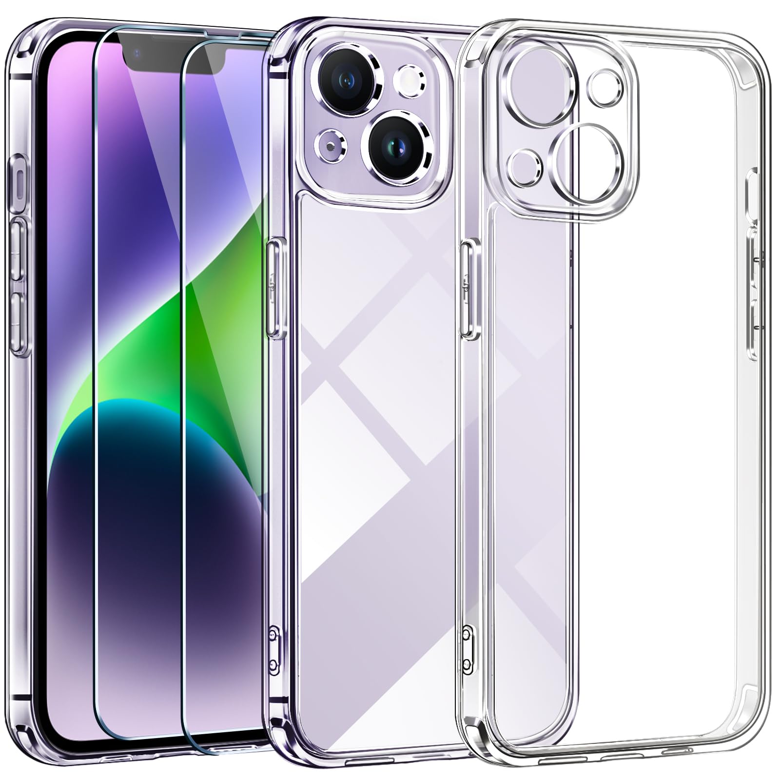 ivoler Camera Protection Case for iPhone 14 6.1" [Long Lasting Clarity] [Military Grade Shockproof], 1 Phone Case + 2 Tempered Glass Screen Protector, Protective Hard Back Slim Cover - Clear — image 1