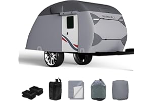 NARELECT Teardrop Travel Trailer Cover Fits 12'-15' Trailers, 7 Layers Top Heavy Duty Camper Cover Waterproof, Camping Trailer Cover with Windproof Strap, RV Cover for R-Pod Trailers, Clamshell Trailers