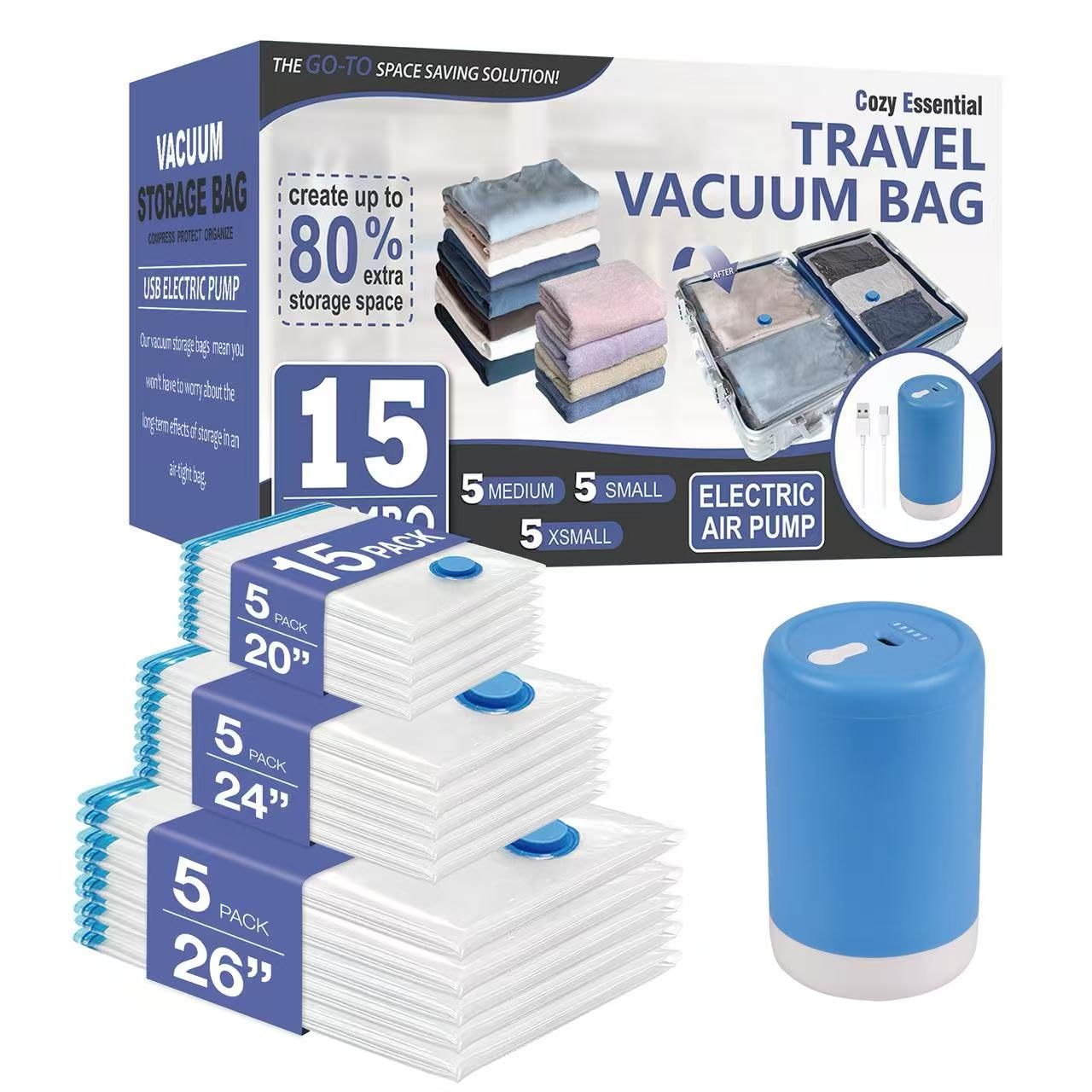 Photo 1 of Cozy Essential 15 Pack Travel Vacuum Storage Bags with Rechargeable Wireless Electric Pump for Luggage, Suitcase, Carry-on Size Vacuum Seal Compression Space Saver Bags for Clothes and Clothing Travel