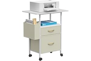 Zvivofla Mobile File Cabinet with 24'' Wide Desktop, 2 Fabric Drawer Filing Cabinet with Side Bag, Rolling Storage Organizer for Home Office, Vertical Printer Stand, Fits A4/Letter Size (White)