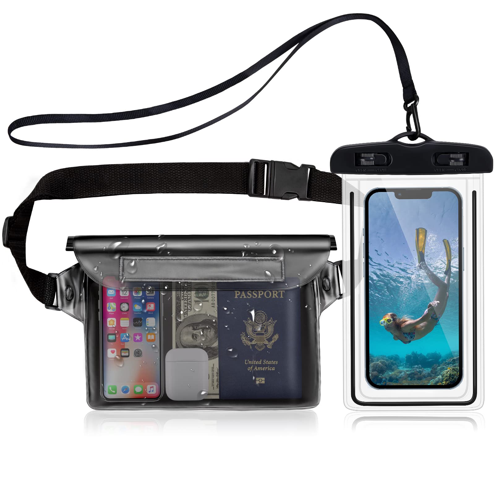 2 Pack IPX8 Universal Waterproof Phone Pouch with Adjustable Waist Strap, Screen Touchable Dry Bag for Swimming, Boating, Beach and Fishing