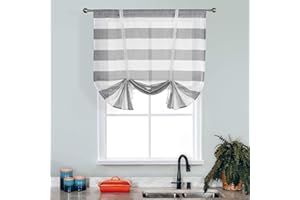 WUBODTI Tie up Kitchen Curtains Grey and White Striped Roman Shades for Windows, Gray Bathroom Window Curtain Semi Sheer Balloon Valances, Modern Short Curtain for Small Window Farmhouse,47 Inches