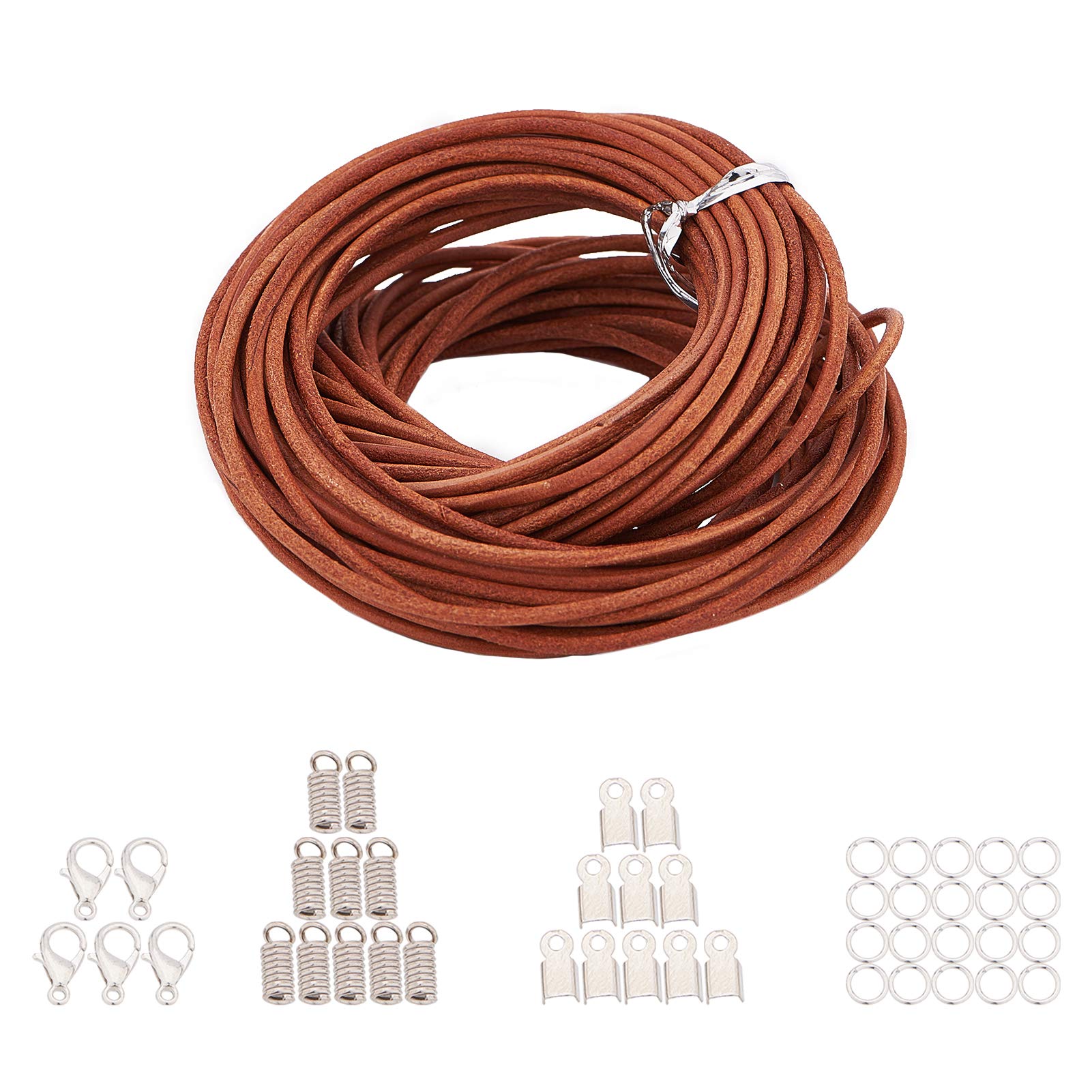 SUNNYCLUE Cowhide Round Leather Cords Rope String Necklace Jewelry Making Lanyards DIY Crafts Genuine Leather Cord Yellowish Brown Iron Folding Crimp Ends Iron Coil Cord Ends & Jump Rings