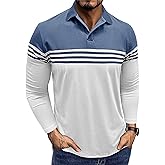 Men's Long Sleeve Polo Shirt Striped Cotton Moisture Wicking Classic Collared Casual Golf Shirts for Men