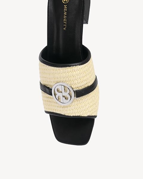 NEWBELLA HEELED SANDALS FOR WOMEN KNIT SQUARE OPEN TOE SLIP ON MULES WHITH CHUNKY LOW BLOCK HEEL CASUAL SUMMER DRESS SHOES (BLACK-RAFFIA, ADULT, WOMEN, 10, NUMERIC, US FOOTWEAR SIZE SYSTEM, MEDIUM)