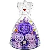 Vryblos Preserved Flowers in Glass Angel Figurine with LED Light,Forever Real Roses Prime Eternal Flower Birthday Glitter Decorations for Her Women Mom Grandma Sister (Purple)