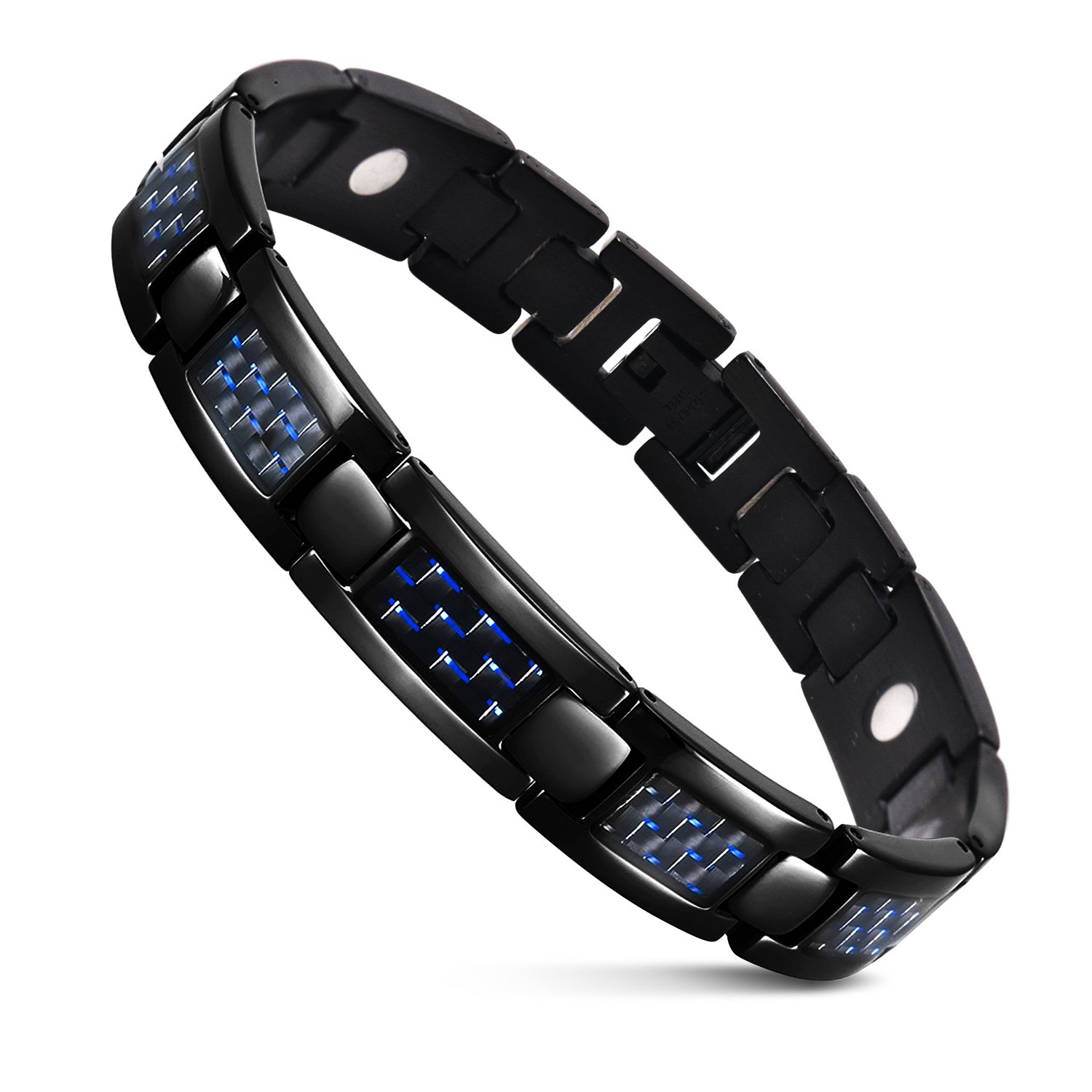 JFUME Magnetic Bracelet for Men Black Bracelet Jewellery with Blue Carbon Fiber Link Removal Tool 8.5" Adjustable — image 1