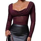 Milumia Women's Draped Long Sleeve Sheer Mesh Top Cowl Neck Ruched Fitted Going Out Tops Night Out Outfits